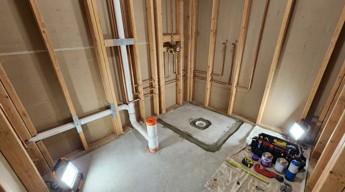 Bathroom rough-in plumbing during remodel by Johns Plumbing LLC in Chittenden