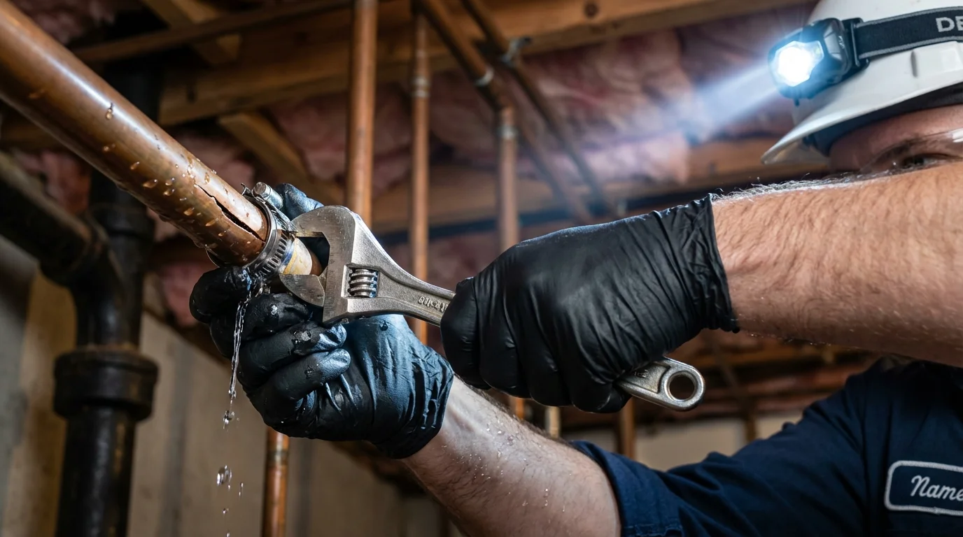Emergency pipe clamp repair being performed by a Johns Plumbing LLC plumber in Chittenden