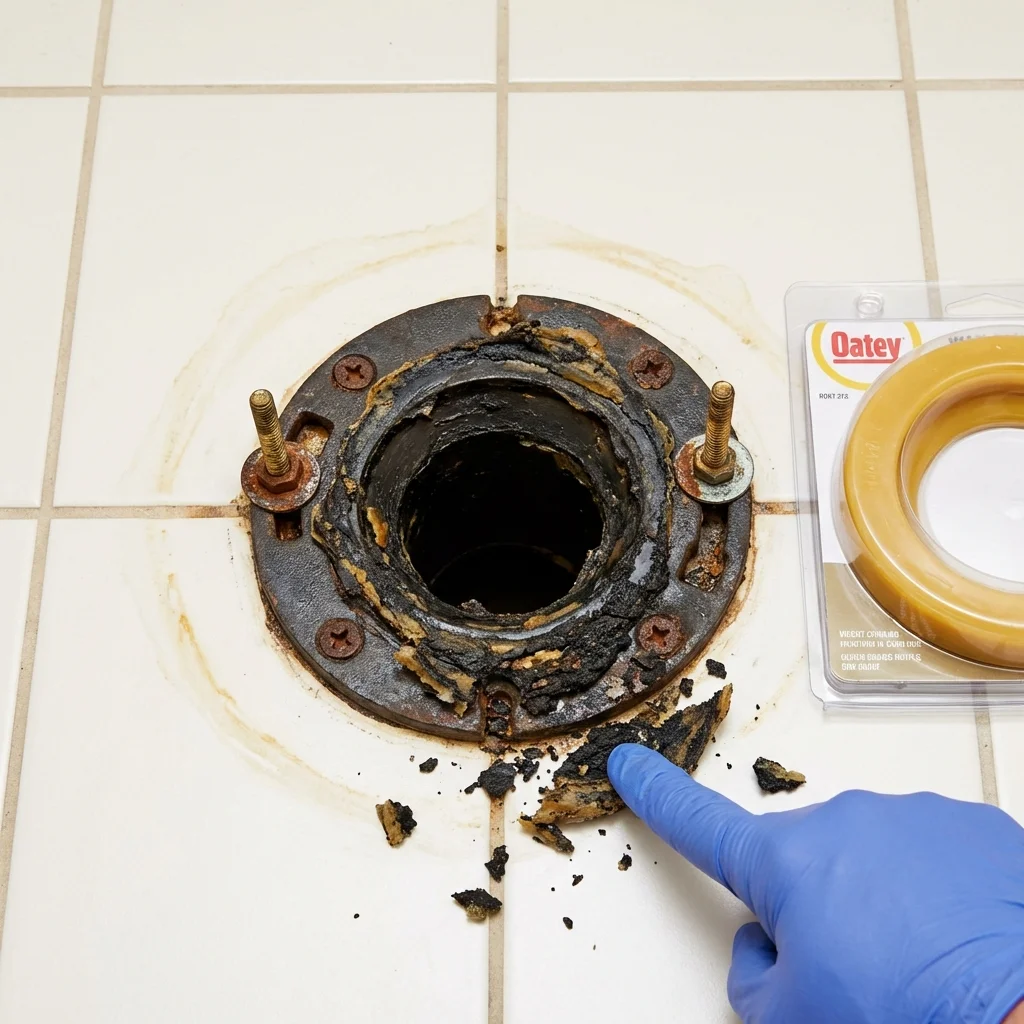Failed wax ring showing water seepage at the base of a toilet in a Chittenden, VT home