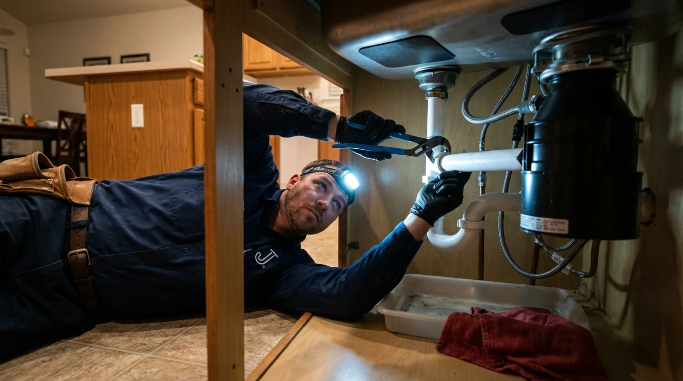 P-trap and supply line connections under a kitchen sink showing a common leak point in Chittenden, VT